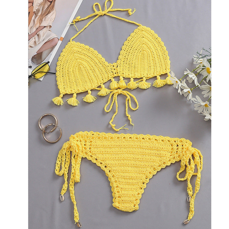 Damen Häkel-Bikini-Set mit verspielten Fransen und verstellbaren Bindebändern Drune