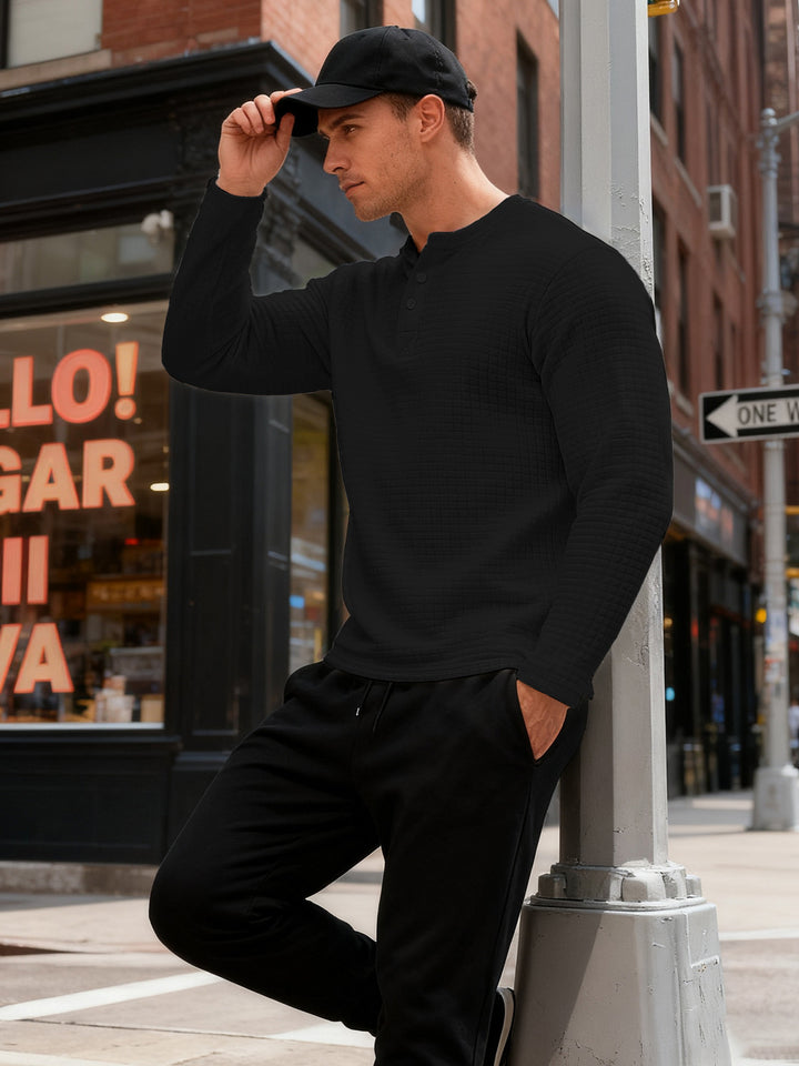 Herren nan strukturiertes Henley-Langarmshirt aus Waffelstrick mit Stehkragen und schmaler Silhouette Drune