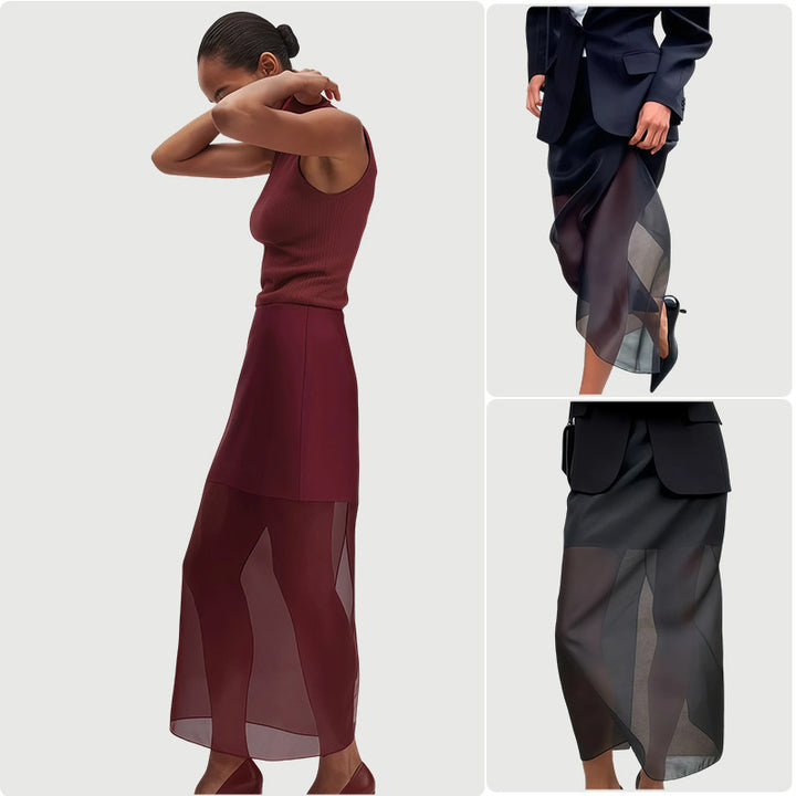 Damen Elegante durchsichtige Midi-Rock mit seitlichen Schlitzen und strukturierter Taille Drune