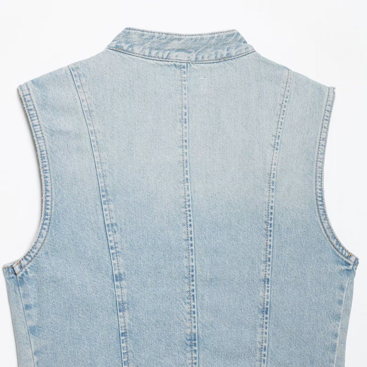 Damen Jeansweste im Military-Look mit Stehkragen und dekorativer Druckknopfleiste Drune