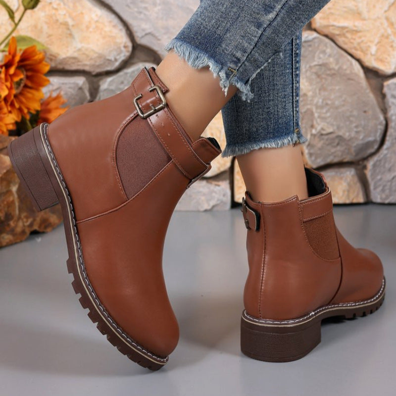 Damen Wildleder-Optik Chelsea-Stiefelette mit dekorativem Schnallenriemen, elastischem Einsatz und grober Profilsohle Drune