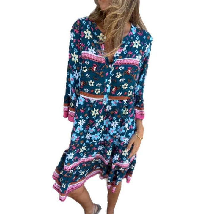 Damen lässiges Blusenkleid mit buntem Blumenmuster und knieumspielendem Saum Drune