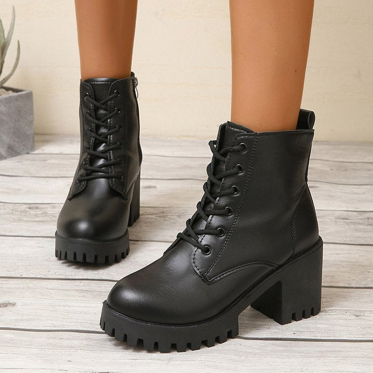 Damen High-Top Stiefeletten mit robustem Blockabsatz und Schnürung Drune