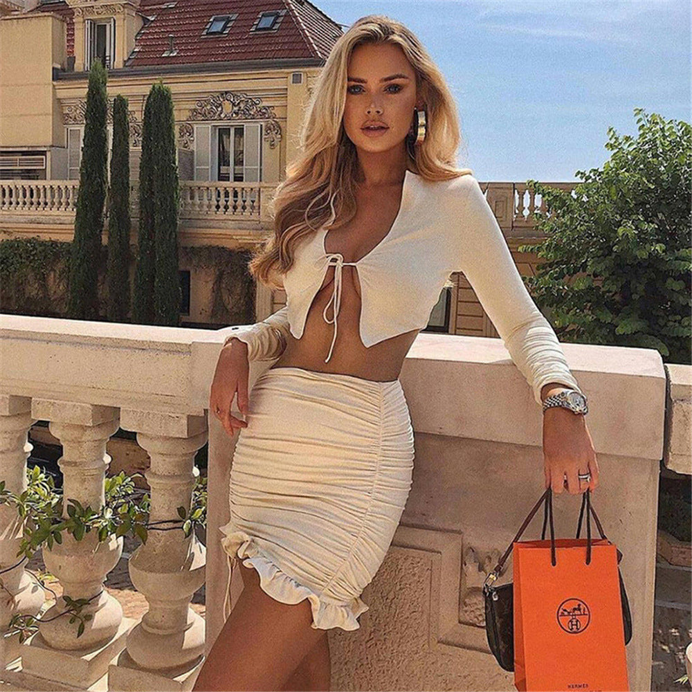 Damen Crop-Top und Mini-Rock Set mit Raffung und romantischem Volant Drune
