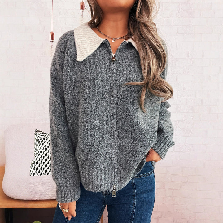 Damen lässige Strickjacke mit kontrastierendem Kragen und durchgehendem Reißverschluss Drune