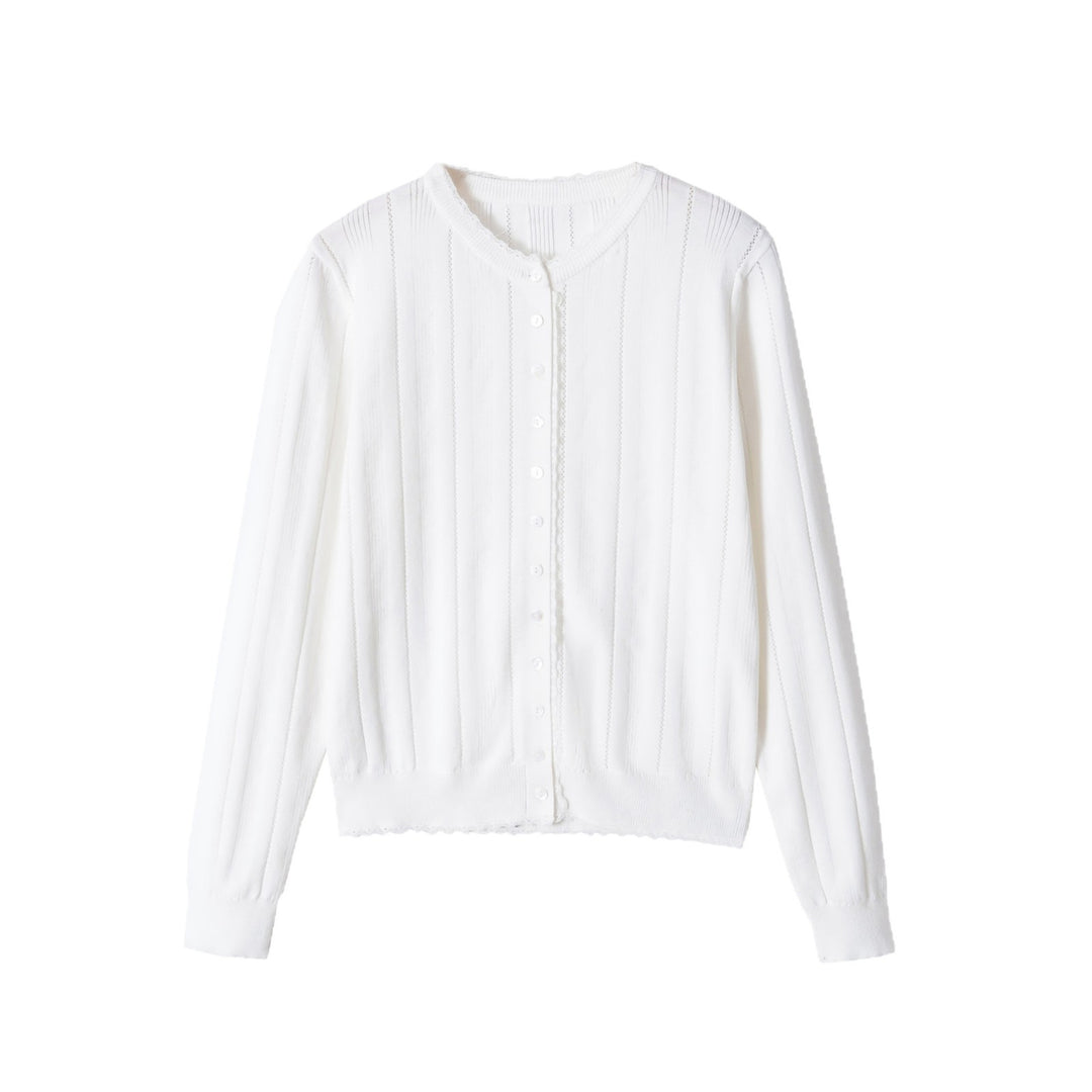 Damen Cropped Feinstrick-Cardigan mit Lochstreifen, Rundhals und Zierknopfleiste Drune