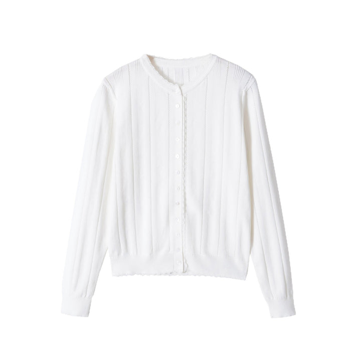 Damen Cropped Feinstrick-Cardigan mit Lochstreifen, Rundhals und Zierknopfleiste Drune