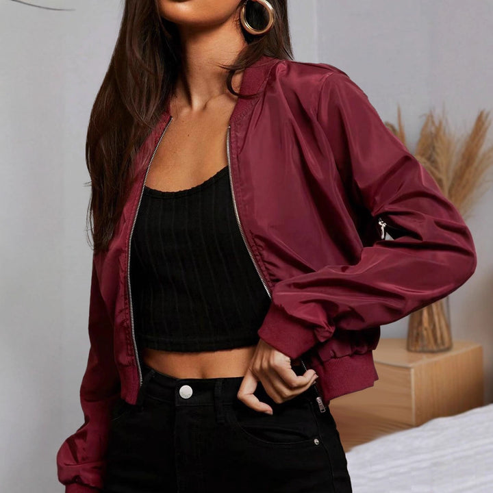 Damen Cropped Bomberjacke aus Satinoptik mit Ärmeltasche und elastischem Saum Drune
