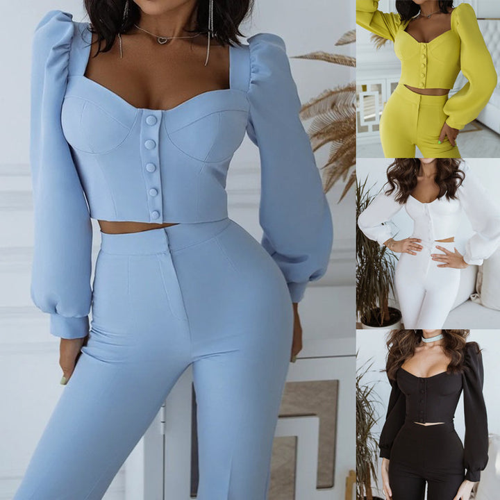 Damen Elegantes Set mit figurbetontem Oberteil und weitem Hosenbein Drune