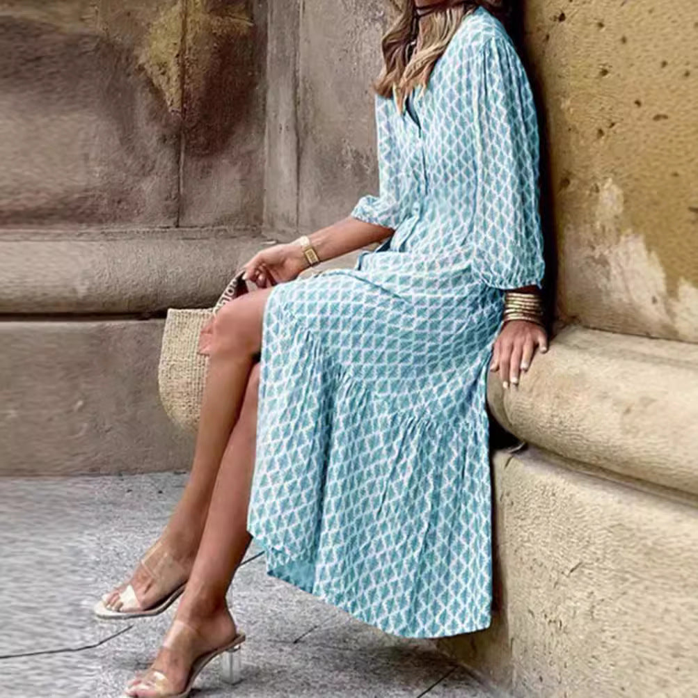 Damen nan leichtes gemustertes Midikleid mit V-Ausschnitt, Knopfleiste, Stufenrock und Ballonärmeln Drune