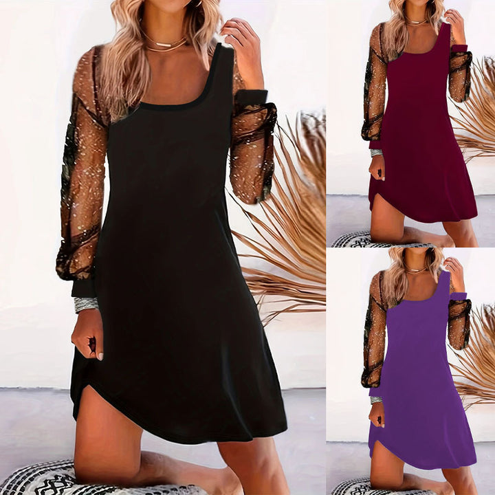 Damen asymmetrisches Kleid mit transparenten Puffärmeln und schimmernden Akzenten Drune