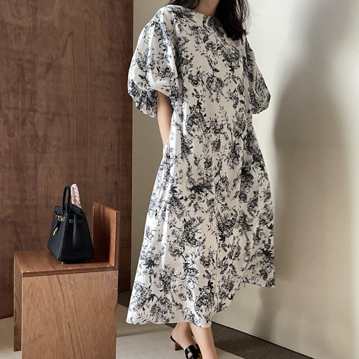 Damen Ausgestelltes Midikleid mit floraler Toile‑Optik, Puffärmeln und Seitentaschen Drune