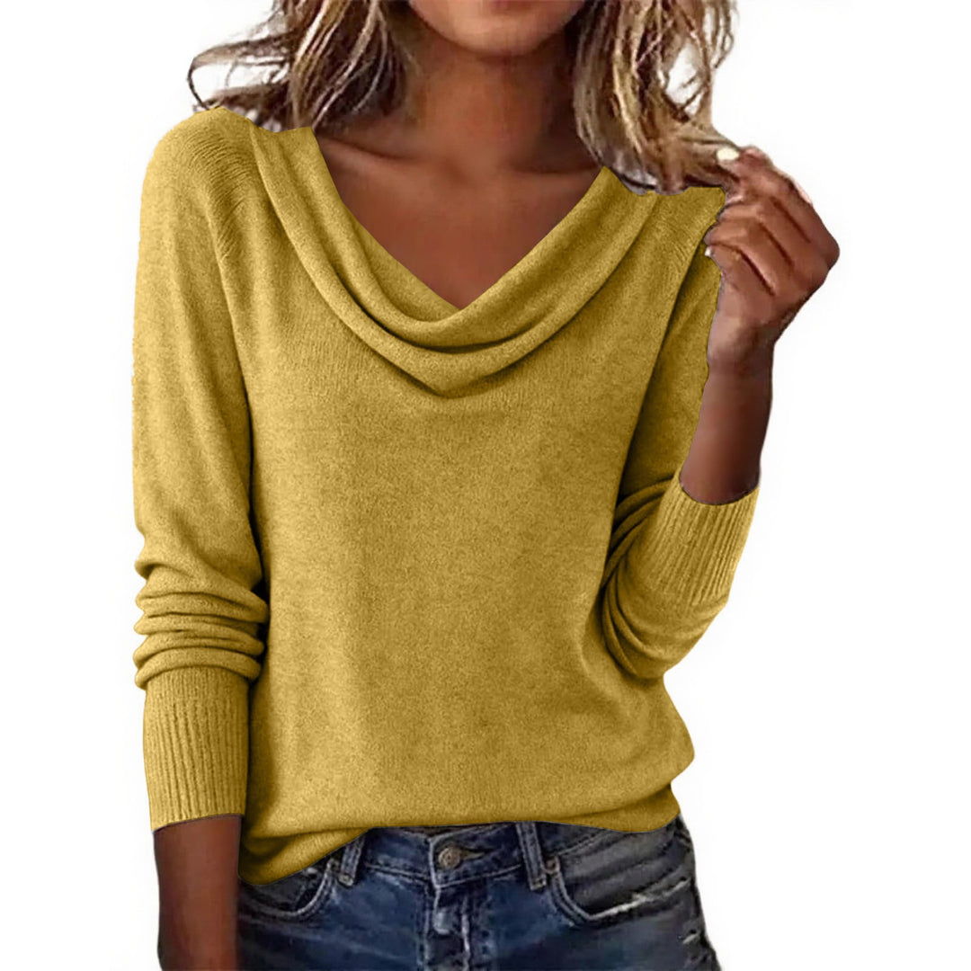Damen Feiner Strickpullover mit Wasserfallkragen und Rippbündchen Drune