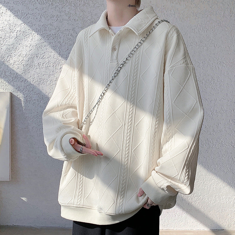 Herren Oversize-Polo-Strickpullover mit Rauten- und Zopfstruktur Drune