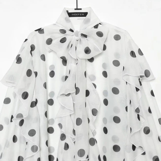 Damen Chiffonbluse mit Volant‑Rüschen, Schleifenkragen und Ballonärmeln Drune