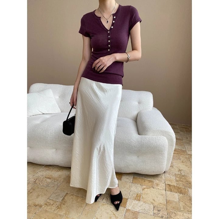 Damen figurbetontes Kurzarm-Henley-Shirt mit Knopfleiste Drune
