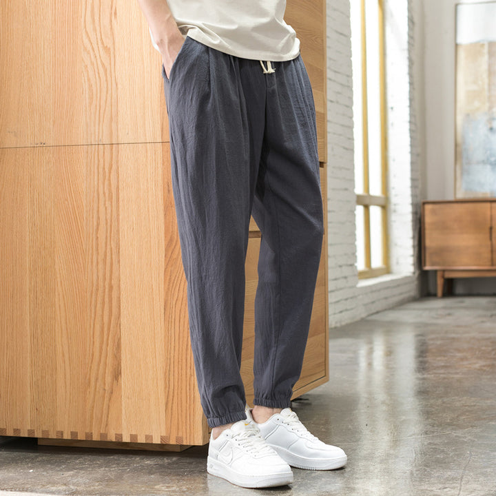 Herren Relaxed-Fit Leinenmix Jogginghose mit Bundfalten, Kordelzug und elastischen Beinabschlüssen Drune