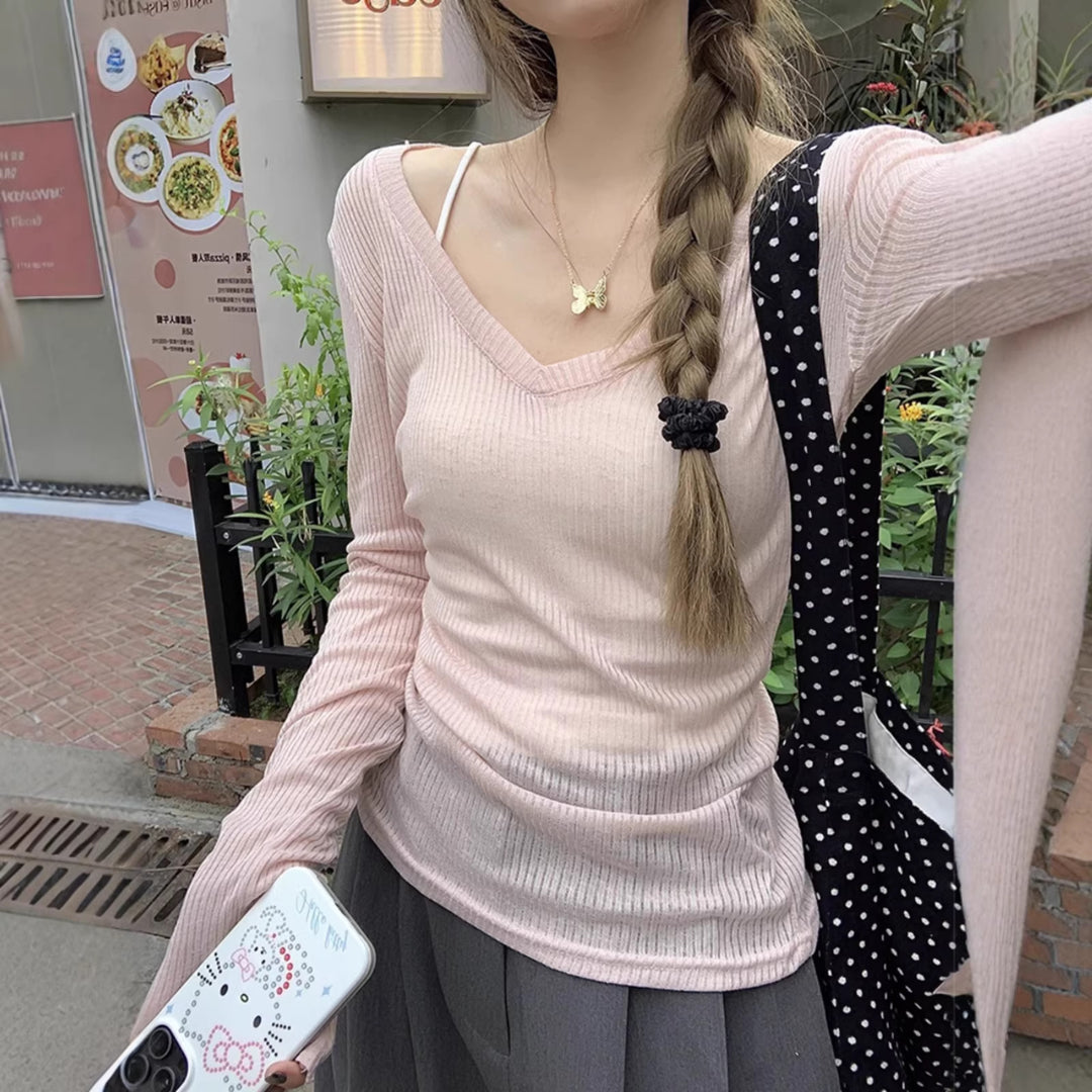 Damen langärmeliges Ripp-T-Shirt mit elegantem V-Ausschnitt Drune