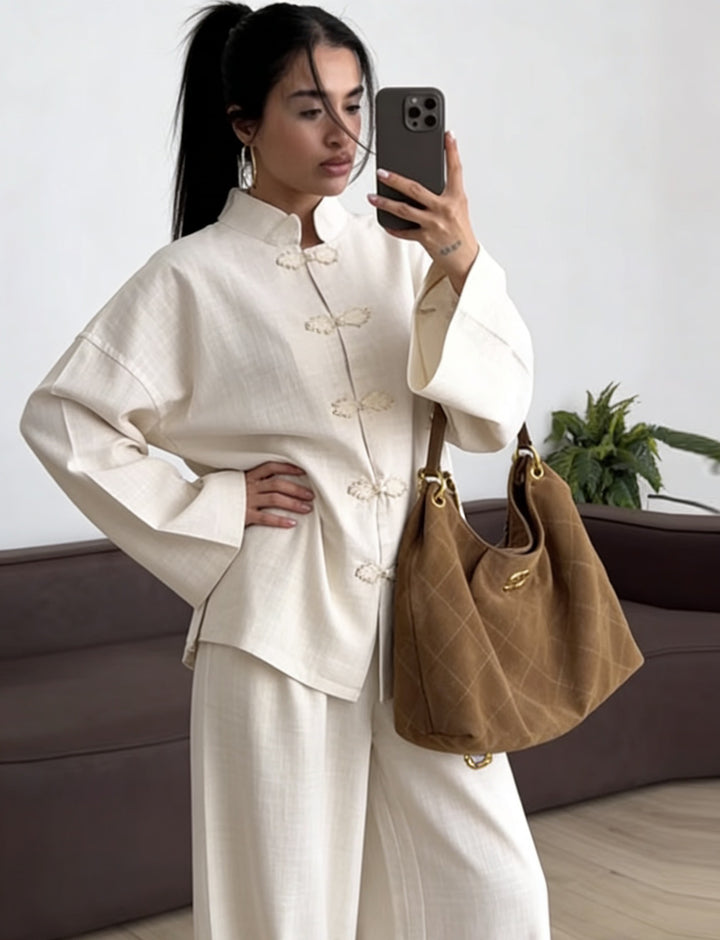 Damen Oversized Mandarinjacke mit Knotenverschlüssen und weitem Arm Drune