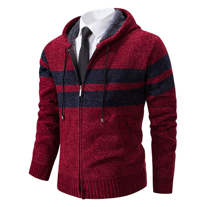 Herren nan gestrickte Kapuzenjacke mit Teddyfutter, verdecktem Reißverschluss und kontrastreifen Drune