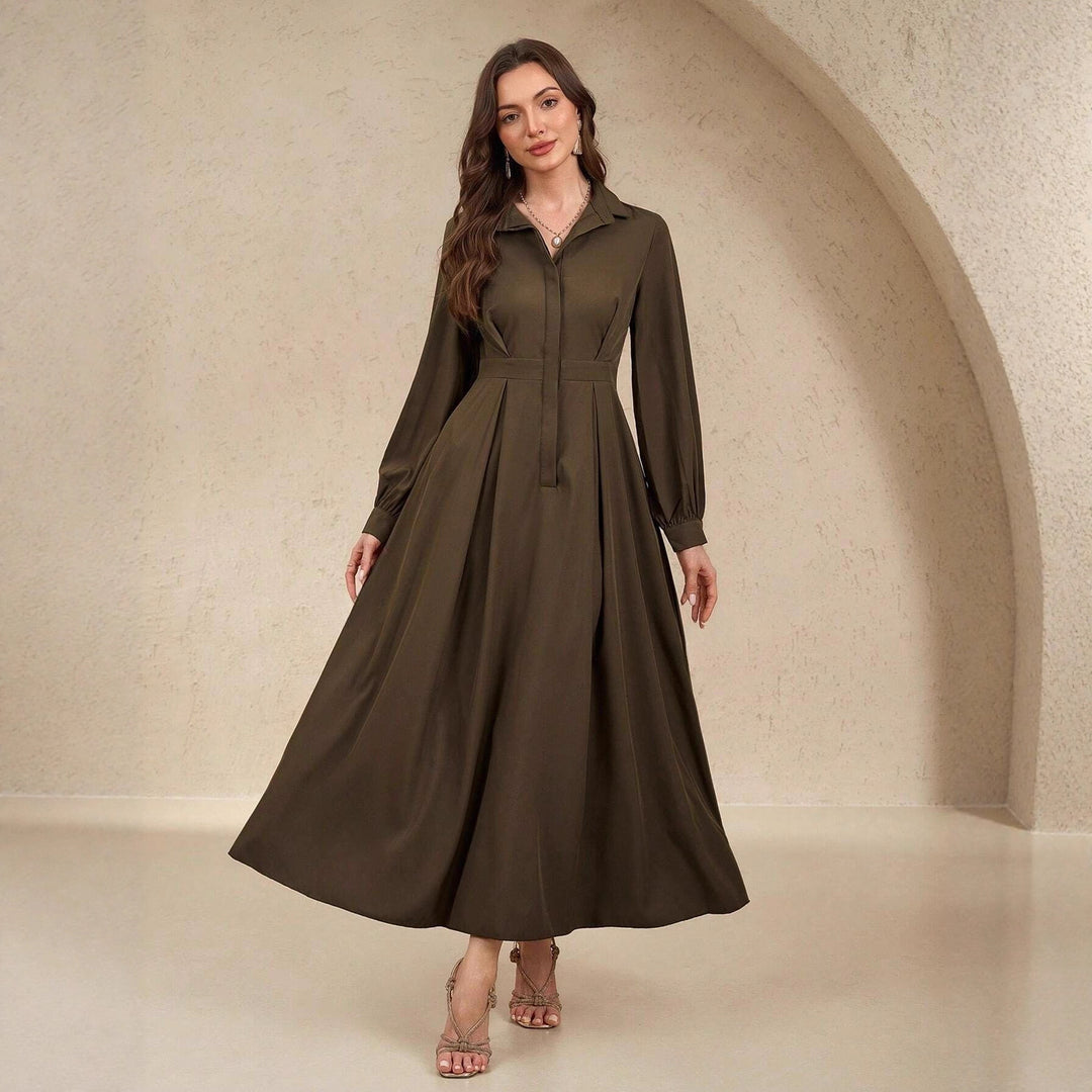 Damen Elegantes Hemdblusenkleid mit schwingendem Rock und praktischen Taschen Drune