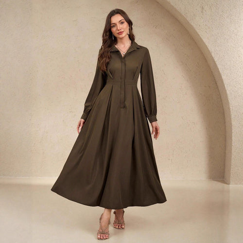 Damen Elegantes Hemdblusenkleid mit schwingendem Rock und praktischen Taschen Drune