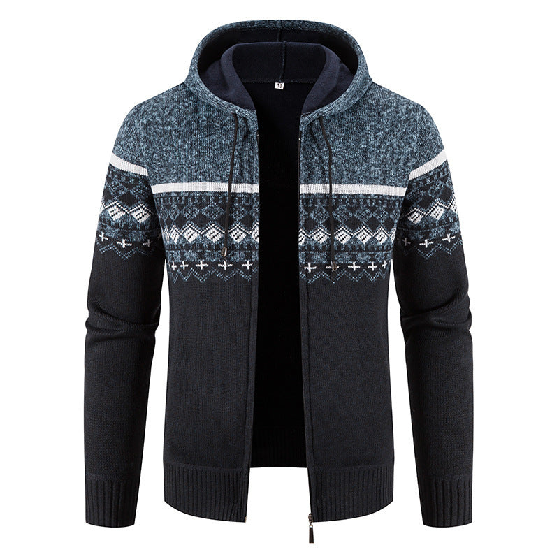 Herren nan gefütterte Strick-Zipjacke im Norwegerstil mit Kapuze und Thermofleece Drune