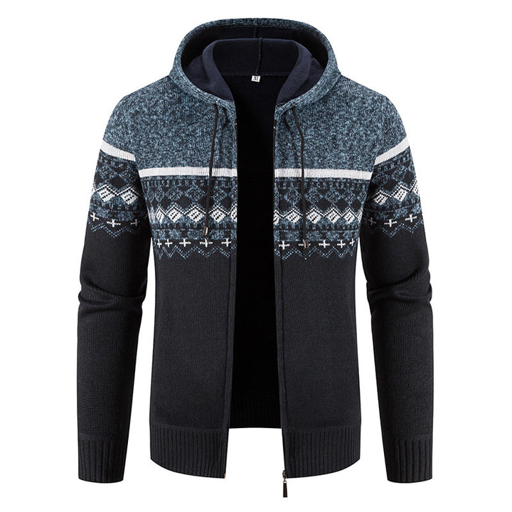 Herren nan gefütterte Strick-Zipjacke im Norwegerstil mit Kapuze und Thermofleece Drune