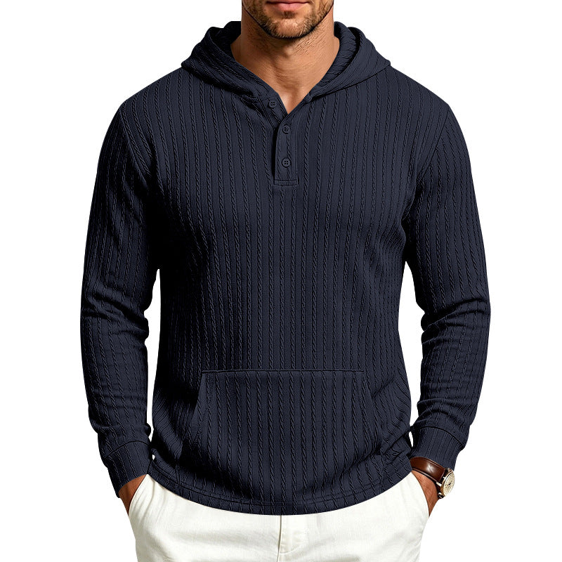 Herren Kapuzen-Henley-Pullover mit Zopfstruktur, Kängurutasche und Rippbündchen Drune