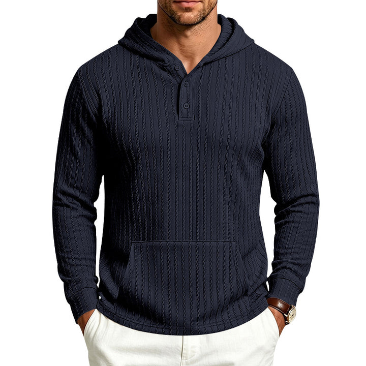 Herren Kapuzen-Henley-Pullover mit Zopfstruktur, Kängurutasche und Rippbündchen Drune