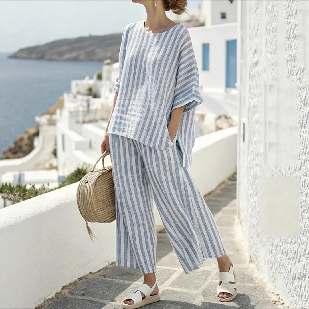 Damen Zweiteiliges gestreiftes Leinen‑Optik Lounge‑Set mit Oversize‑Bluse und High‑Waist Palazzo Drune