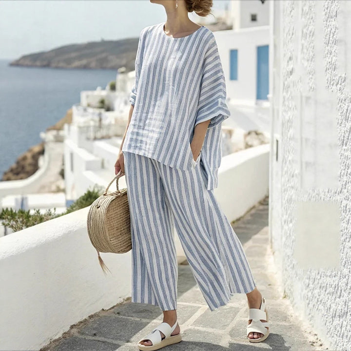 Damen Zweiteiliges gestreiftes Leinen‑Optik Lounge‑Set mit Oversize‑Bluse und High‑Waist Palazzo Drune