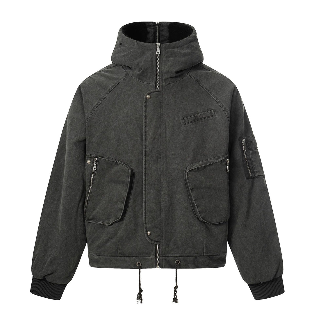 Herren Kurzjacke im Utility‑Look mit hohem Stehkragen und Kapuze Drune