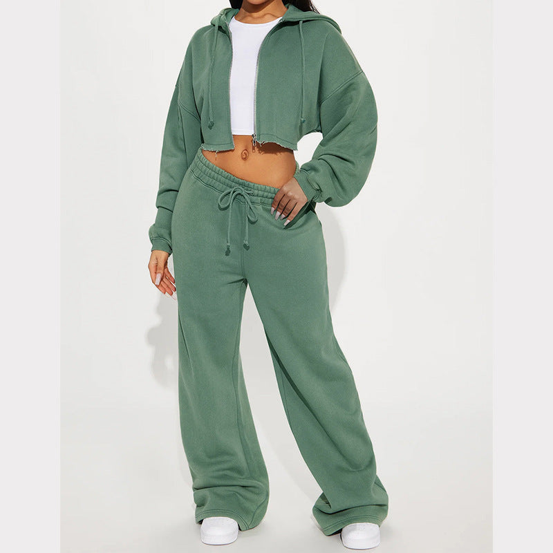 Damen nan Kapuzen-Crop-Top und weite Jogginghose Lounge-Set aus weichem Fleece Drune