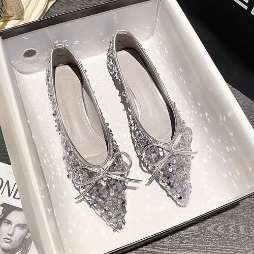 Damen funkelnde Ballerinas mit spitzem Zehenbereich und dekorativem Paillettenschmuck Drune