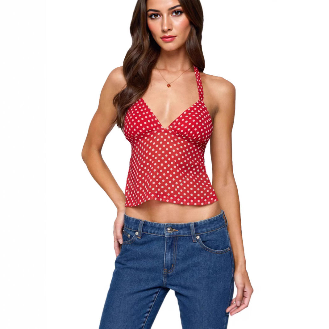 Damen luftiges Polka-Dots Oberteil mit tiefem V-Ausschnitt und Trägern Drune