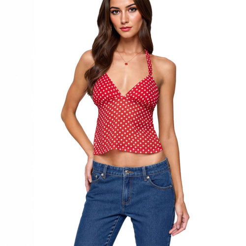 Damen luftiges Polka-Dots Oberteil mit tiefem V-Ausschnitt und Trägern Drune
