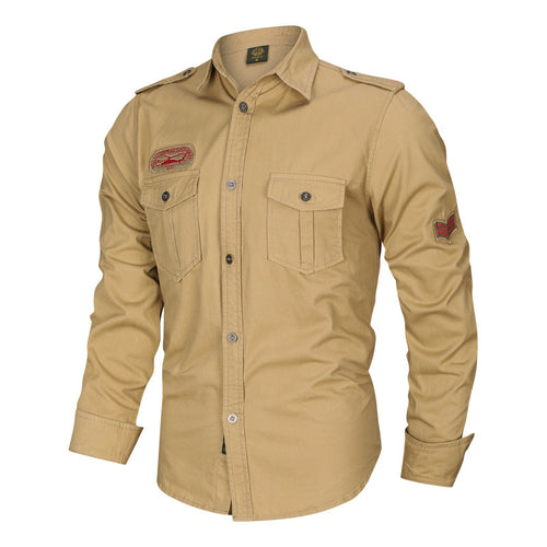 Herren nan tailliertes Fieldhemd aus Baumwoll-Twill mit Schulterklappen, Brustpatten und gestickten Abzeichen Drune
