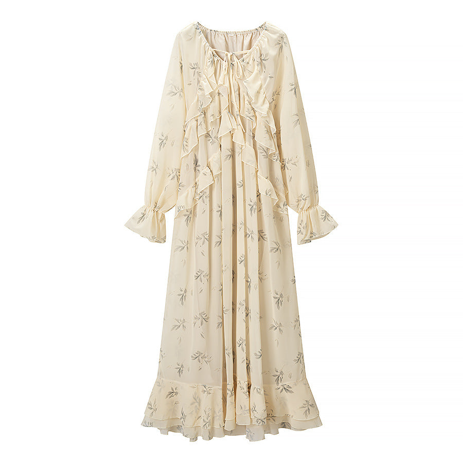 Damen 20+ Maxikleid mit Volants, langen Ballonärmeln und Bindeband Drune