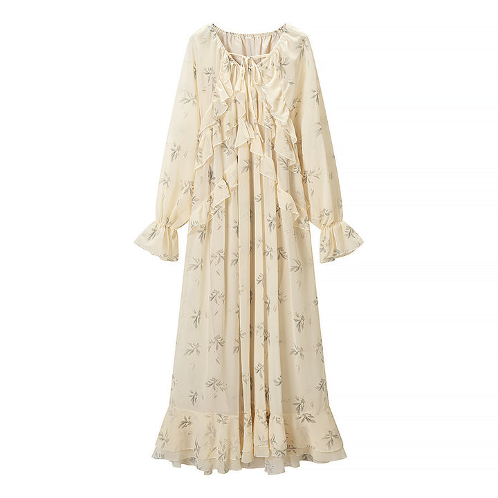 Damen 20+ Maxikleid mit Volants, langen Ballonärmeln und Bindeband Drune
