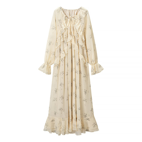 Damen 20+ Maxikleid mit Volants, langen Ballonärmeln und Bindeband Drune