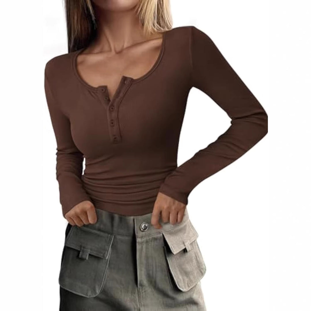 Damen Langärmeliges Rippshirt mit Henley-Knopfleiste und taillierter Passform Drune