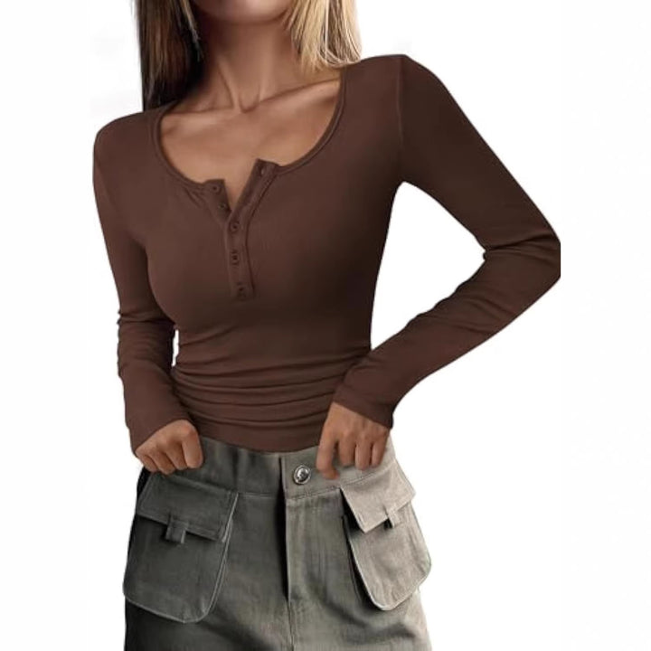 Damen Langärmeliges Rippshirt mit Henley-Knopfleiste und taillierter Passform Drune
