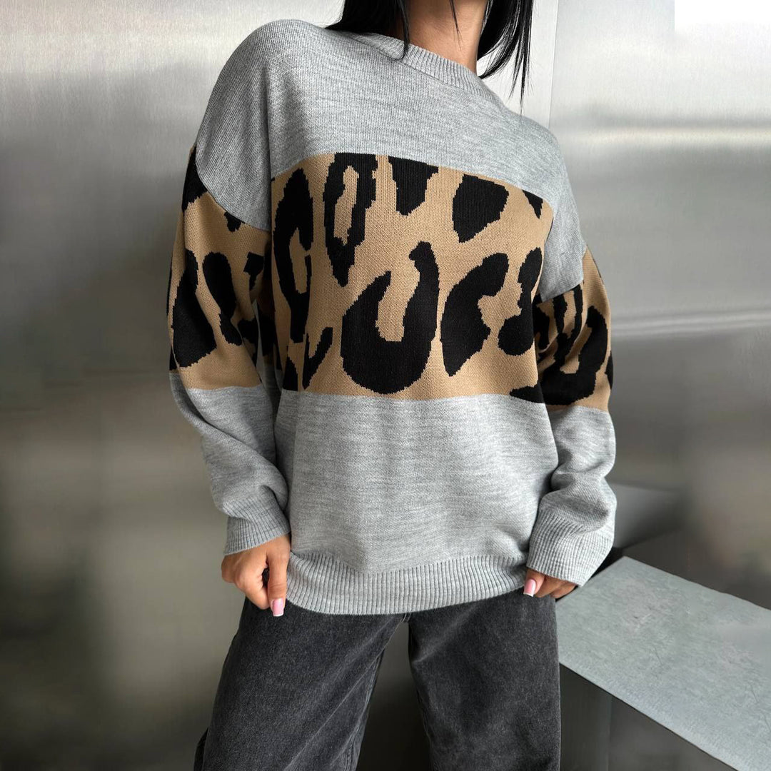 Damen Oversized Strickpullover mit Leoparden-Bahnen, überschnittener Schulter und geripptem Saum Drune