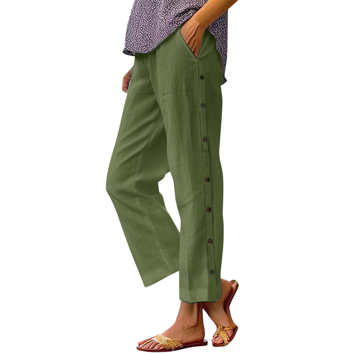 Damen Cropped Weitbeinige Knopf-Trim Leinen-Mischung Casual Hose Drune