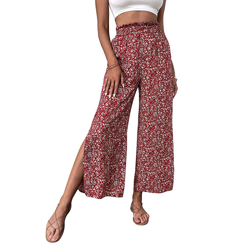 Damen Leichte High‑Waist Palazzo‑Hose mit Gummibund, Blumenprint und seitlichem Beinschlitz Drune