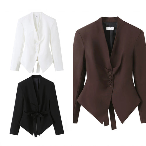 Damen Taillierter Blazer mit V-Ausschnitt, schmaler Bundschärpe und spitzem Saum Drune