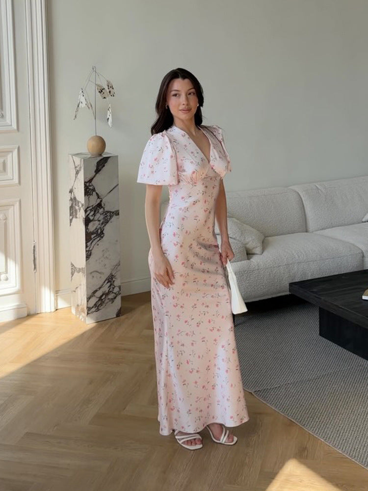 Damen Maxikleid mit floraler Satinoptik, taillierter Silhouette und kurzen Puffärmeln Drune