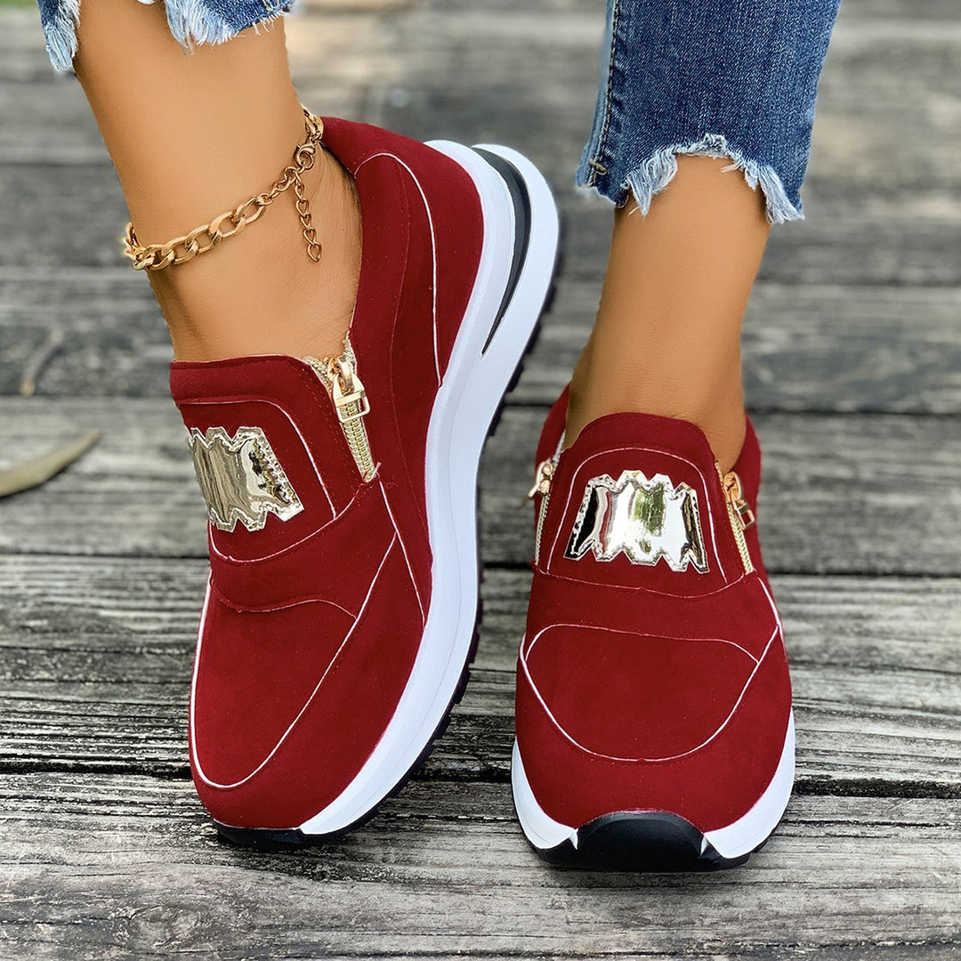 Damen Plateau-Slipper-Sneaker aus Veloursimitat mit seitlichem Zier-Reißverschluss und metallischer Applikation Drune