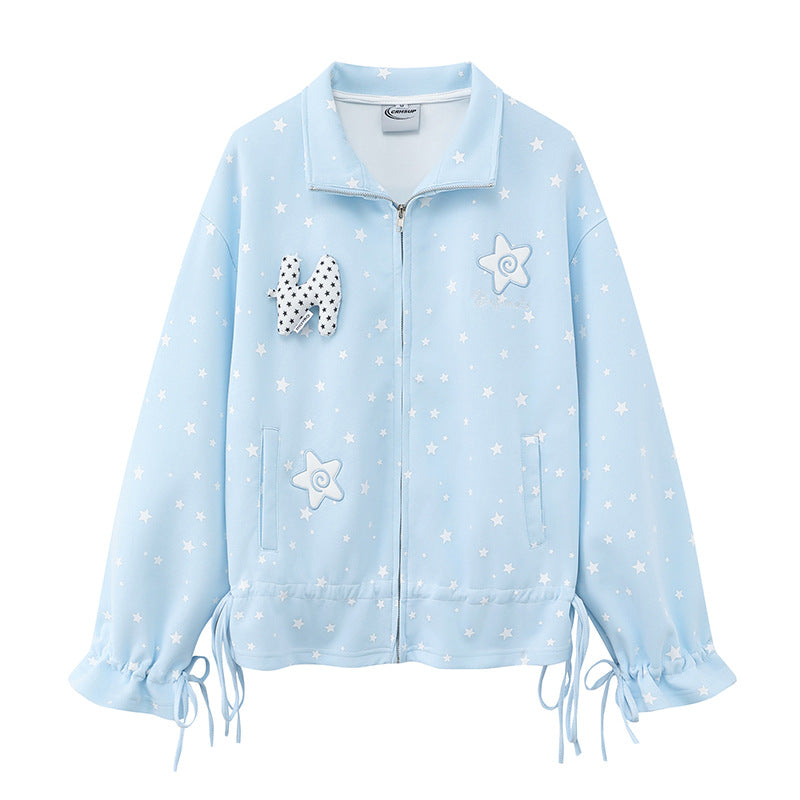 Damen leichte Stehkragen-Sweatjacke mit Sternen-Allover, Applikationen und Kordelzug Drune